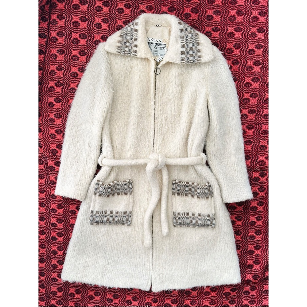 Vintage 1970s Icewool Fuzzy Mohair Wool Knit Zip Up Coat Size Medium